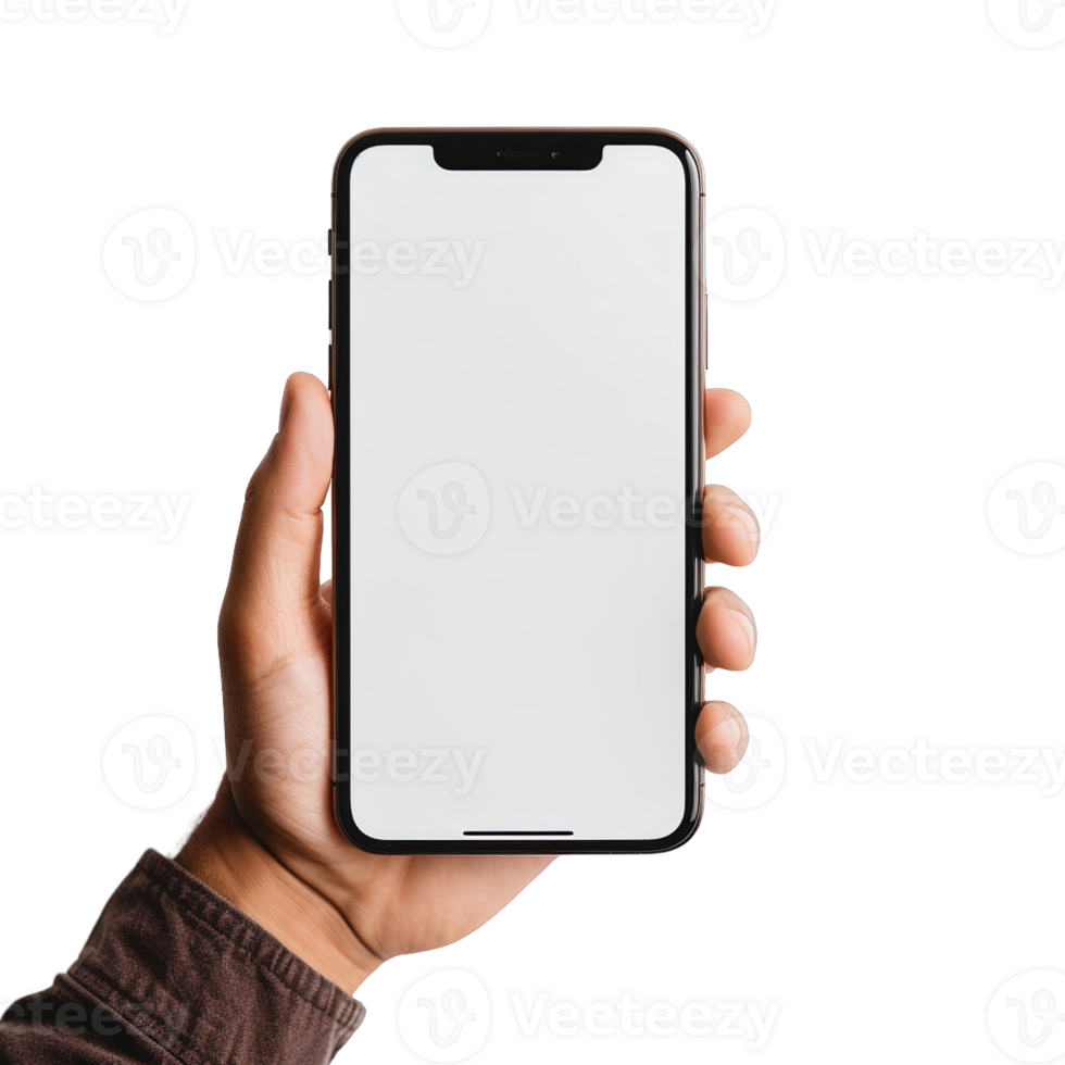 Phone mockup in hand clipping path. a smartphone with a blank white screen. isolated on transparent background. png