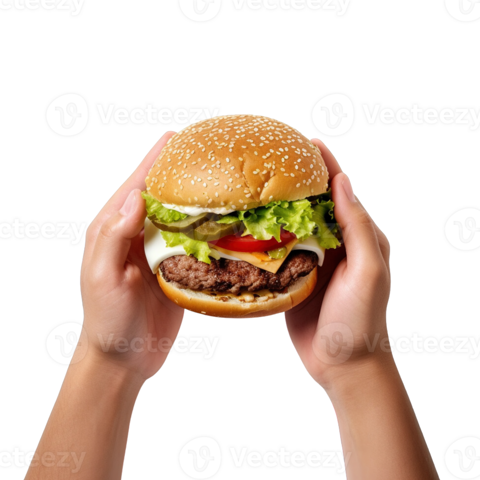Hands hold a burger isolated on transparent background. png