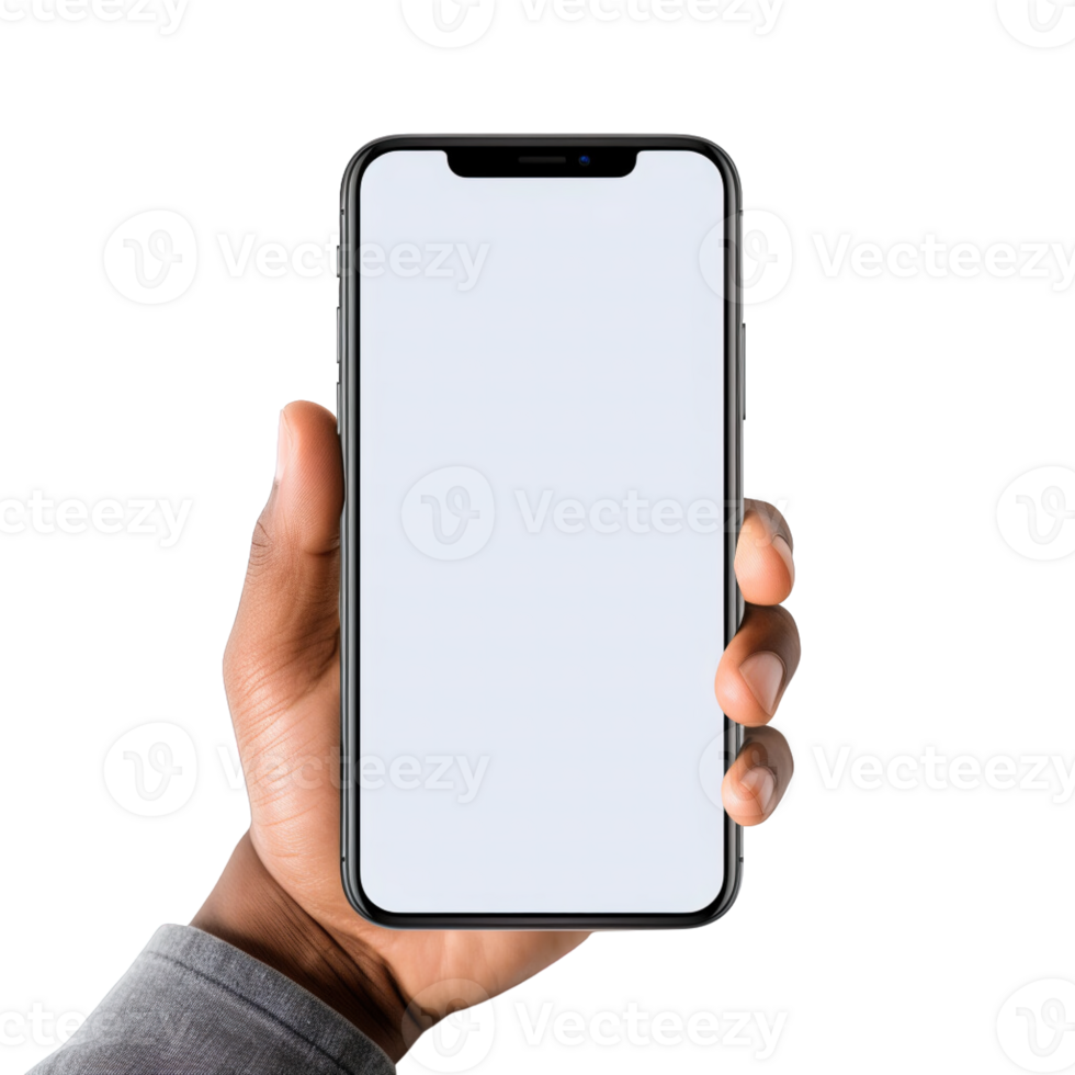 Phone mockup in hand clipping path. a smartphone with a blank white screen. isolated on transparent background. png