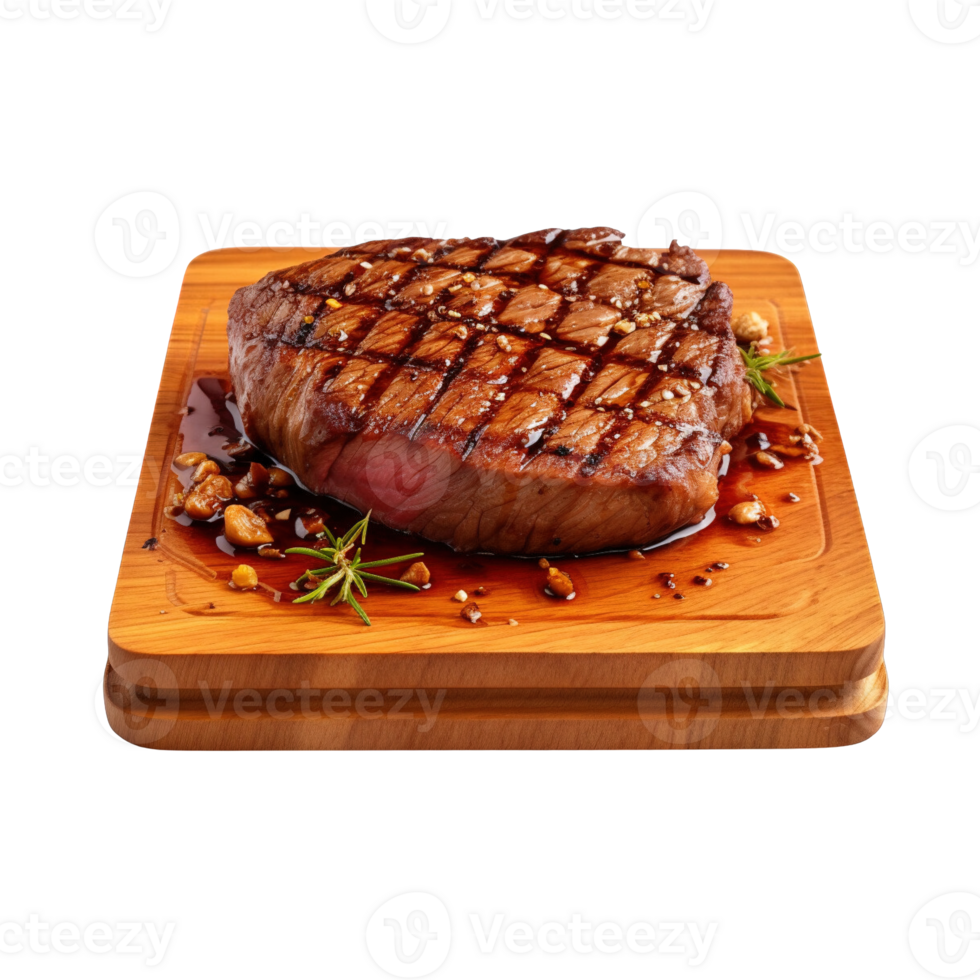 a wooden plate of beef steak grilled with sauce isolated on transparent background. clipping path. png
