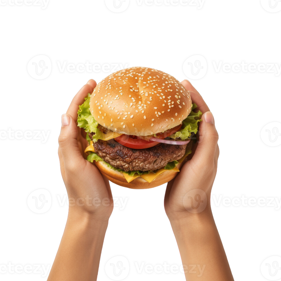 Hands hold a burger isolated on transparent background. png