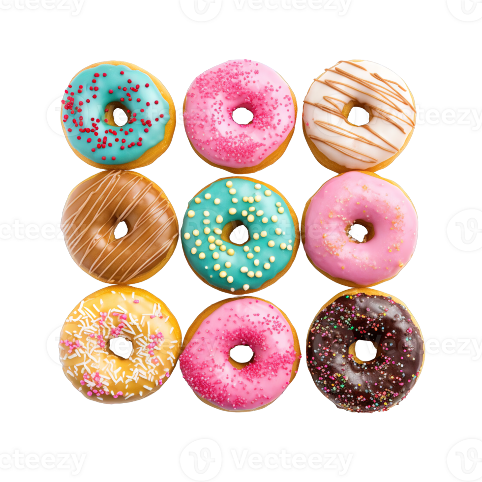 Top view of donuts set isolated on transparent background. Different types of donuts flavor. png