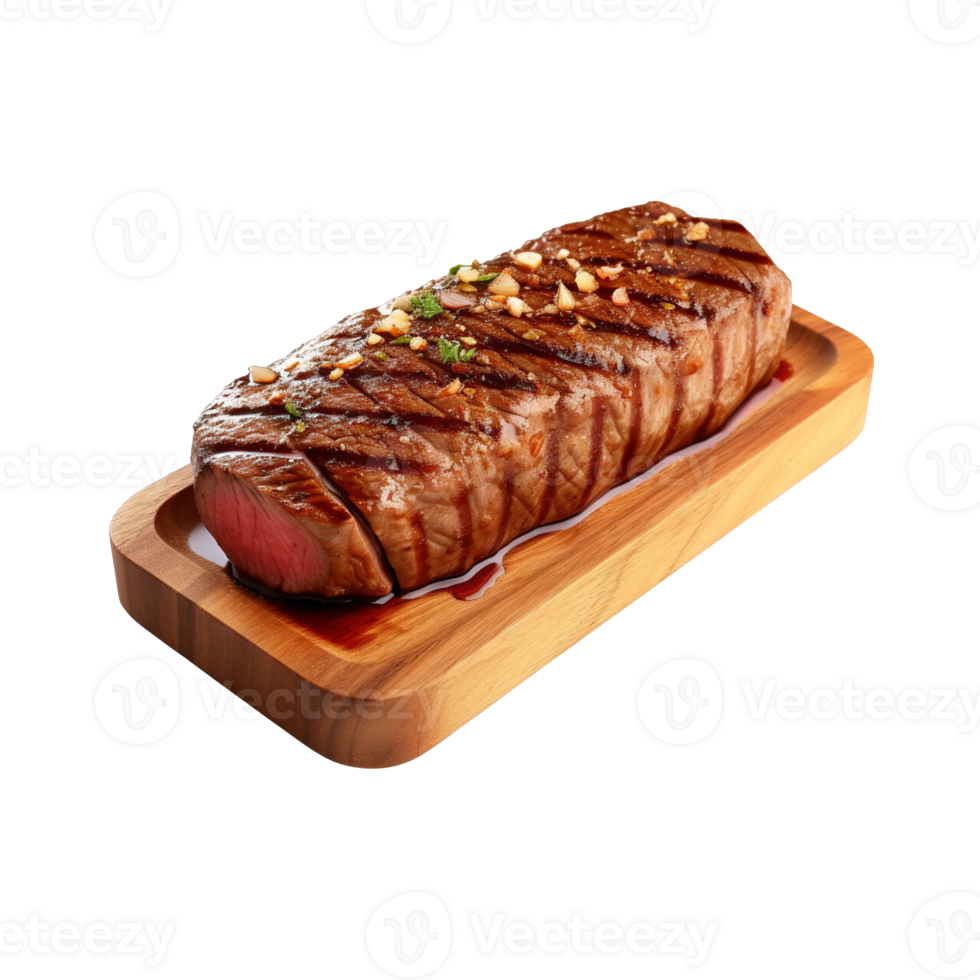 a wooden plate of beef steak grilled with sauce isolated on transparent background. clipping path. png