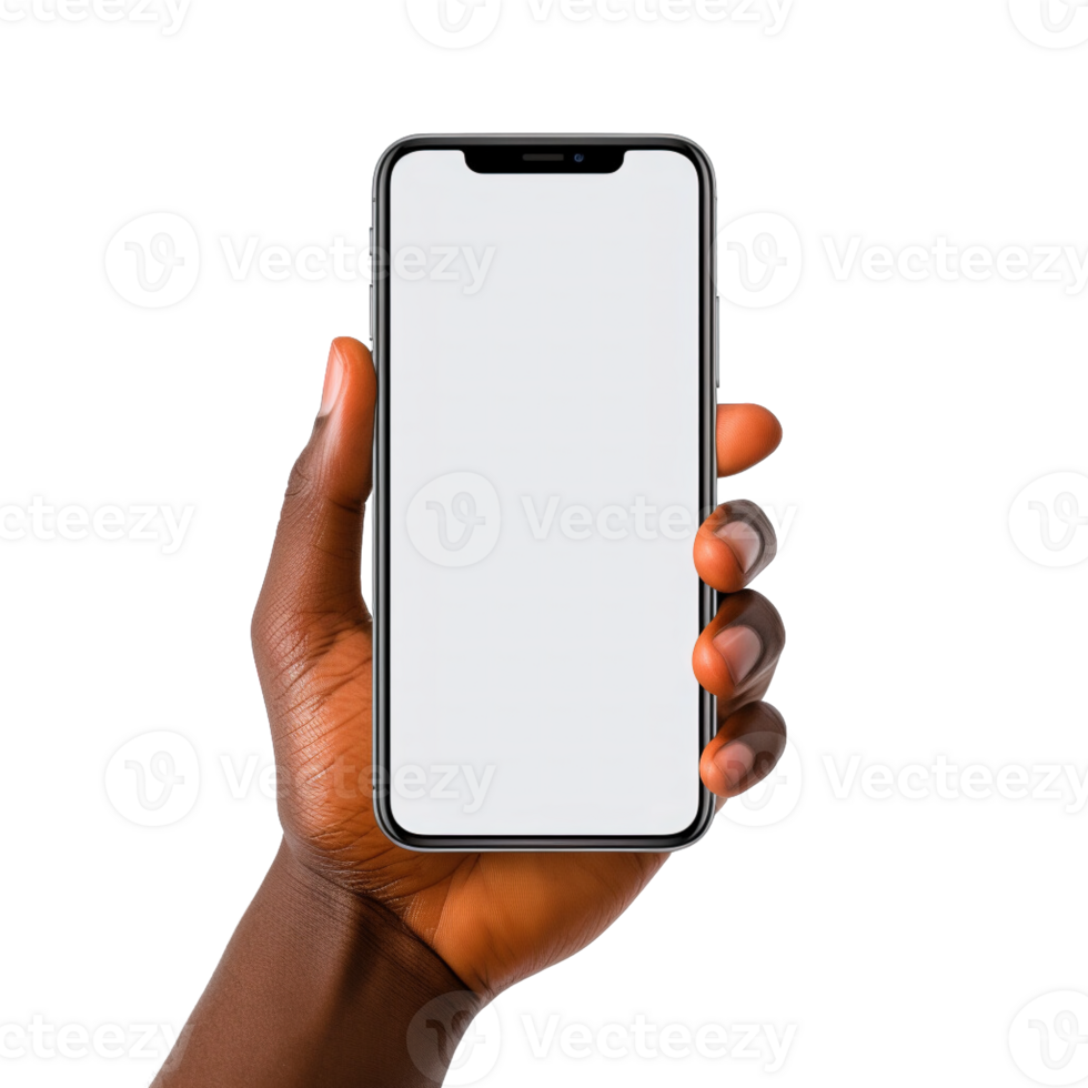 Phone mockup in hand clipping path. a smartphone with a blank white screen. isolated on transparent background. png