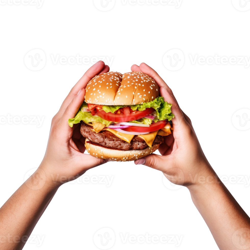 Hands hold a burger isolated on transparent background. png