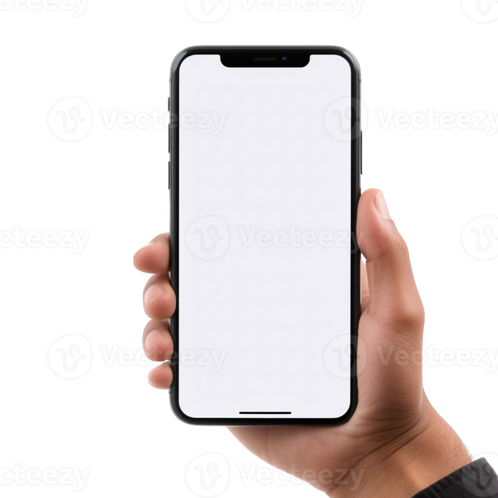 Phone mockup in hand clipping path. a smartphone with a blank white screen. isolated on transparent background. png