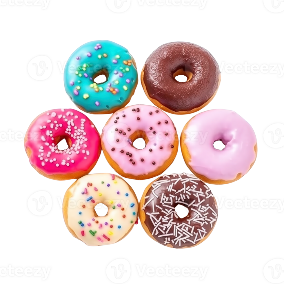 Top view of donuts set isolated on transparent background. Different types of donuts flavor. png