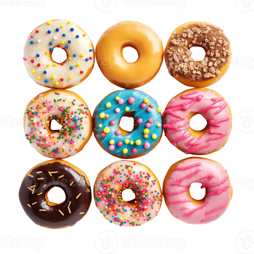 Top view of donuts set isolated on transparent background. Different