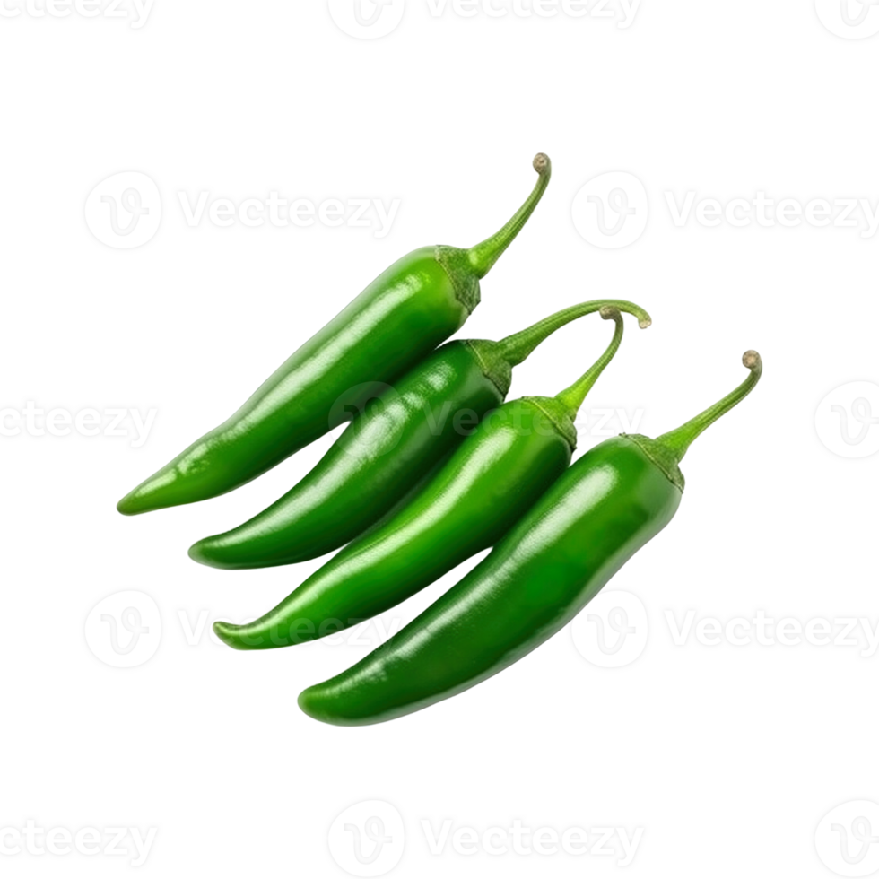 Green chili peppers isolated on transparent background. clipping path