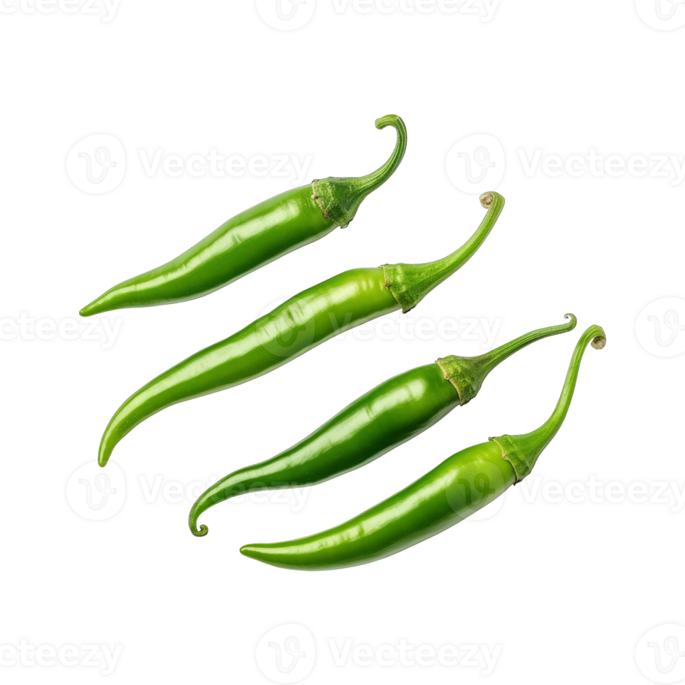 Green chili peppers isolated on transparent background. clipping path. png