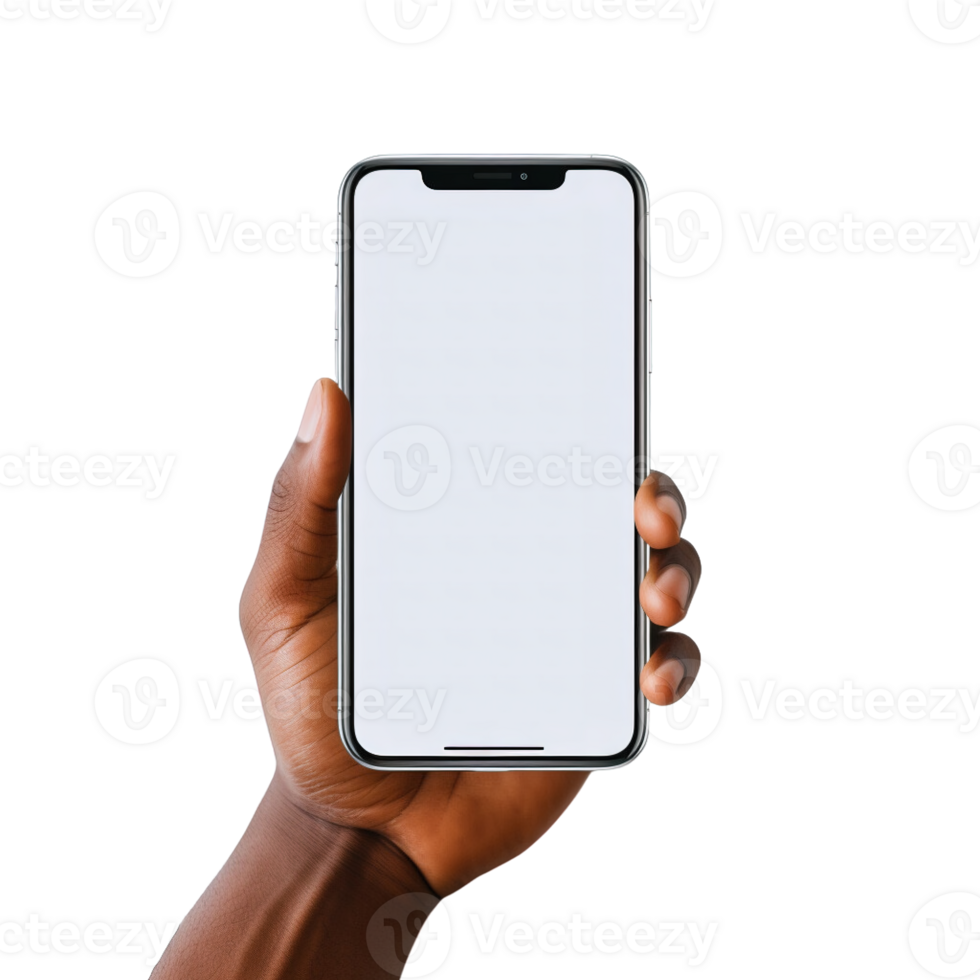 Phone mockup in hand clipping path. a smartphone with a blank white screen. isolated on transparent background. png