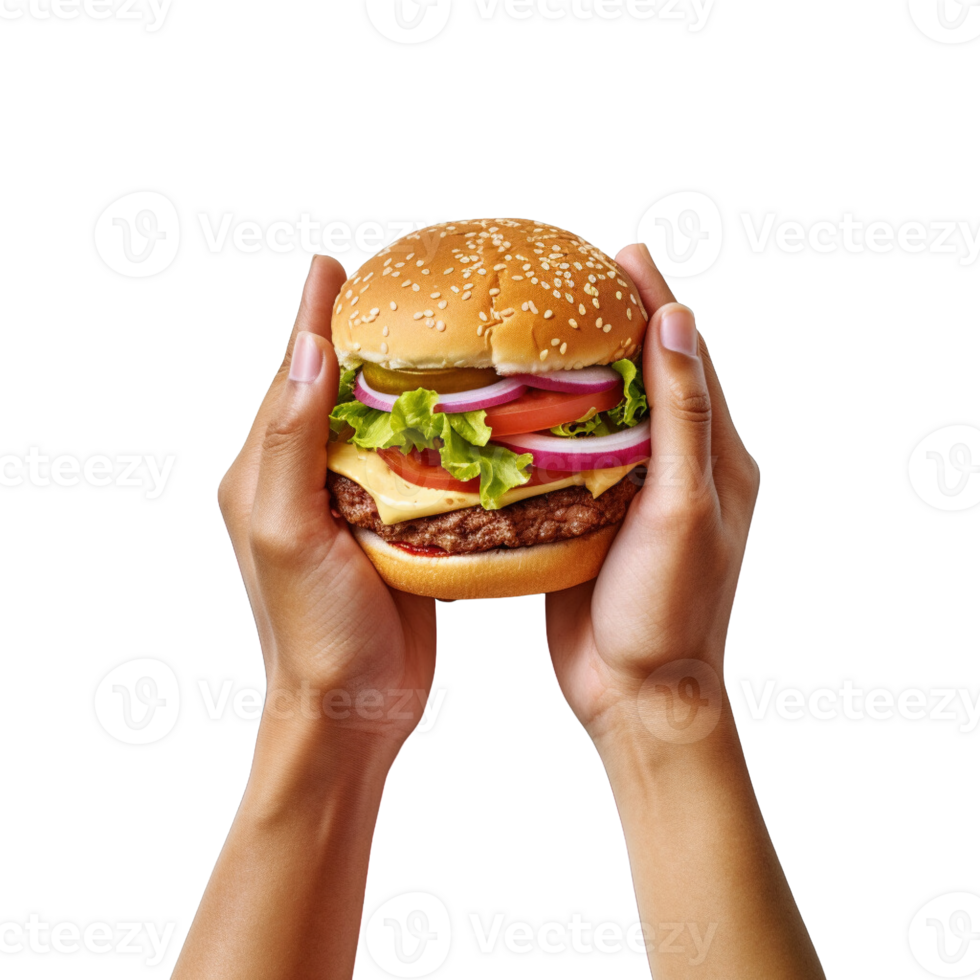 Hands hold a burger isolated on transparent background. png