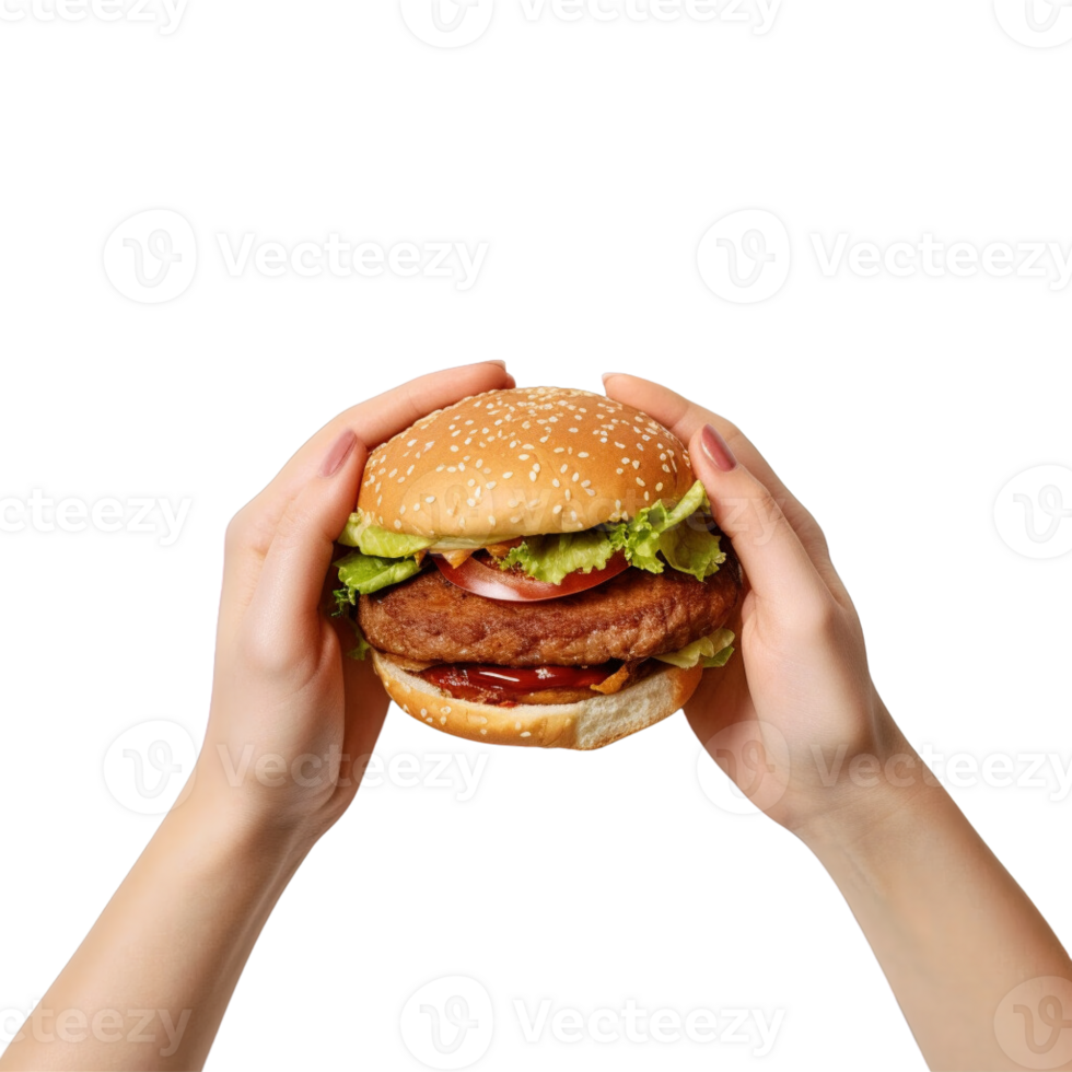 Hands hold a burger isolated on transparent background. png