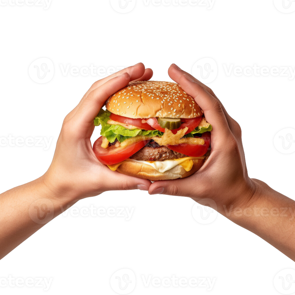Hands hold a burger isolated on transparent background. png