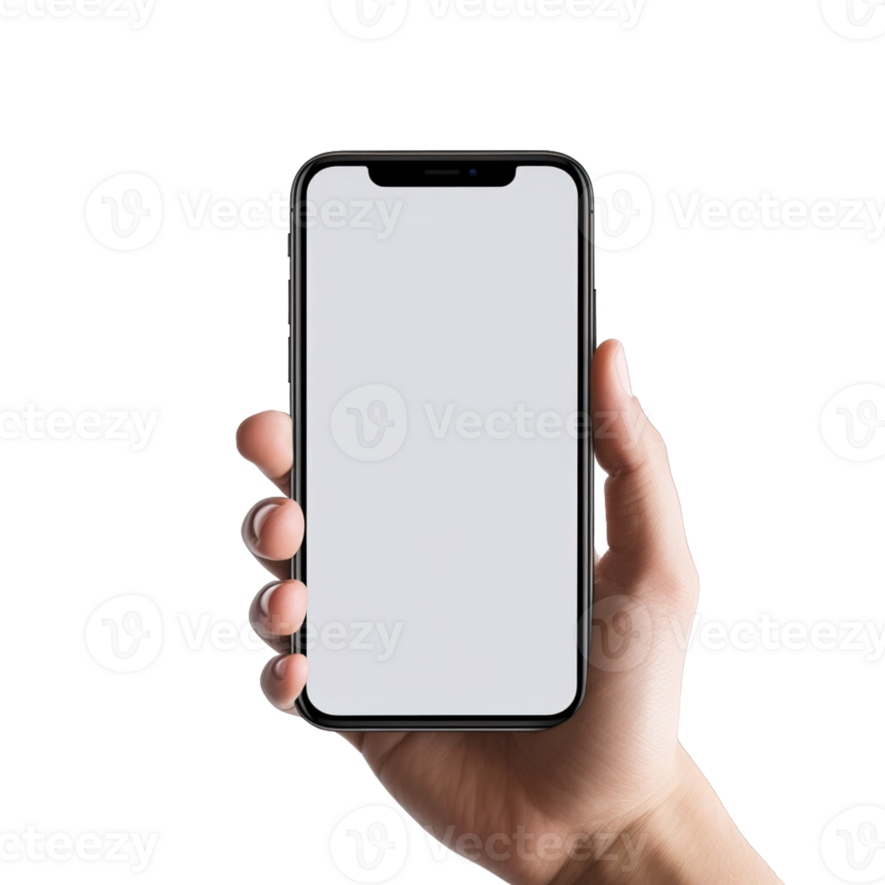 Phone mockup in hand clipping path. a smartphone with a blank white screen. isolated on transparent background. png