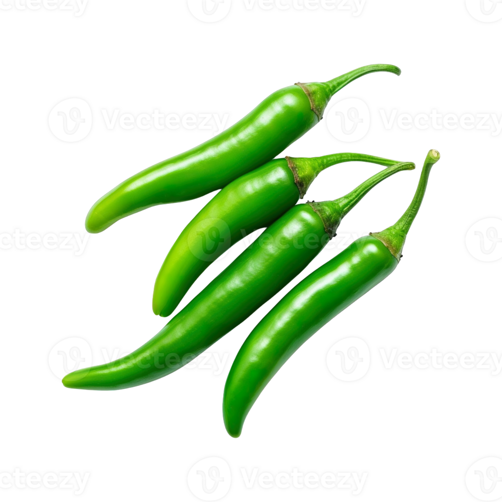 Green chili peppers isolated on transparent background. clipping path. png