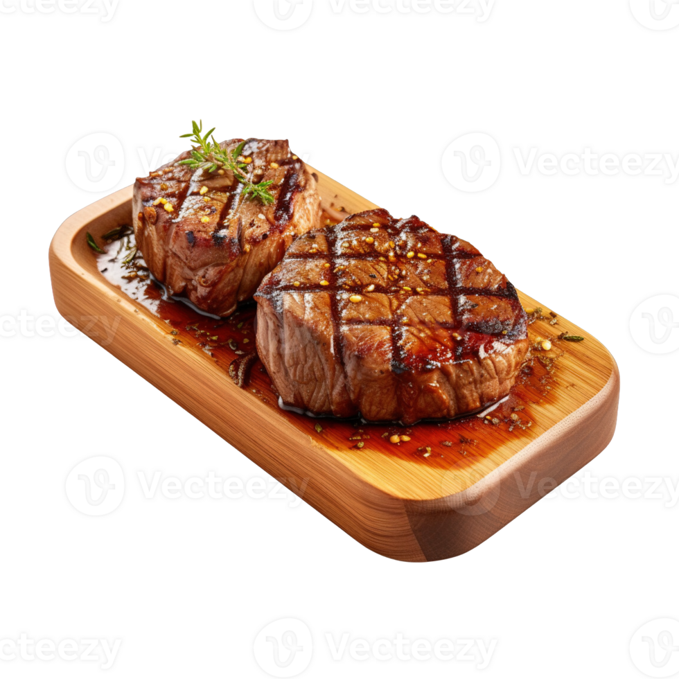 a wooden plate of beef steak grilled with sauce isolated on transparent background. clipping path. png