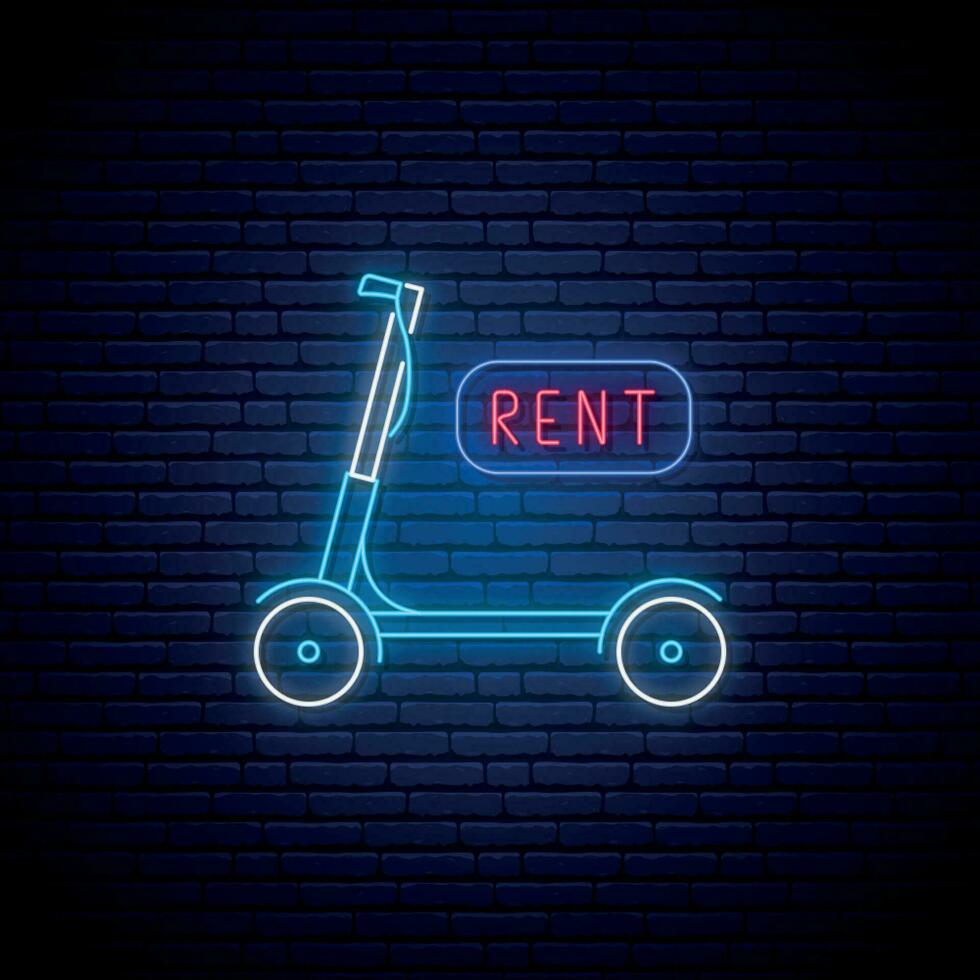 Neon scooter sign. Glowing kick scooter icon for logo, emblem, rent advertising. vector