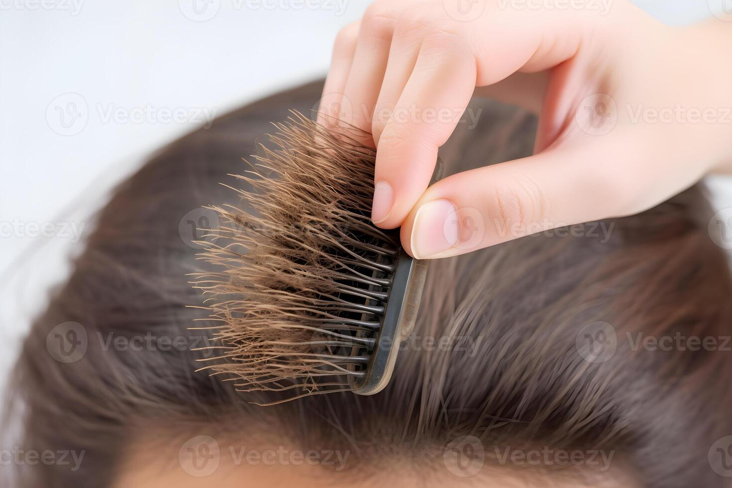 comb filled with strands of hair, with a blurred background of a woman's head. The image conveys the idea of hair loss or excessive hair shedding. photo
