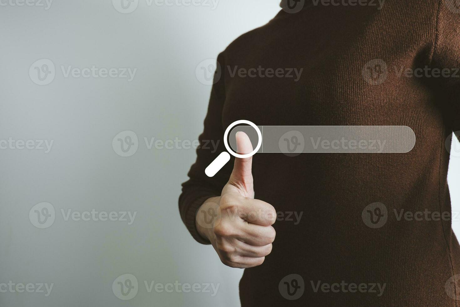 Search Engine optimization SEO concept, Businesswoman search for information on Internet, Using the search bar, Wireless Network, big data and accessing website information. photo