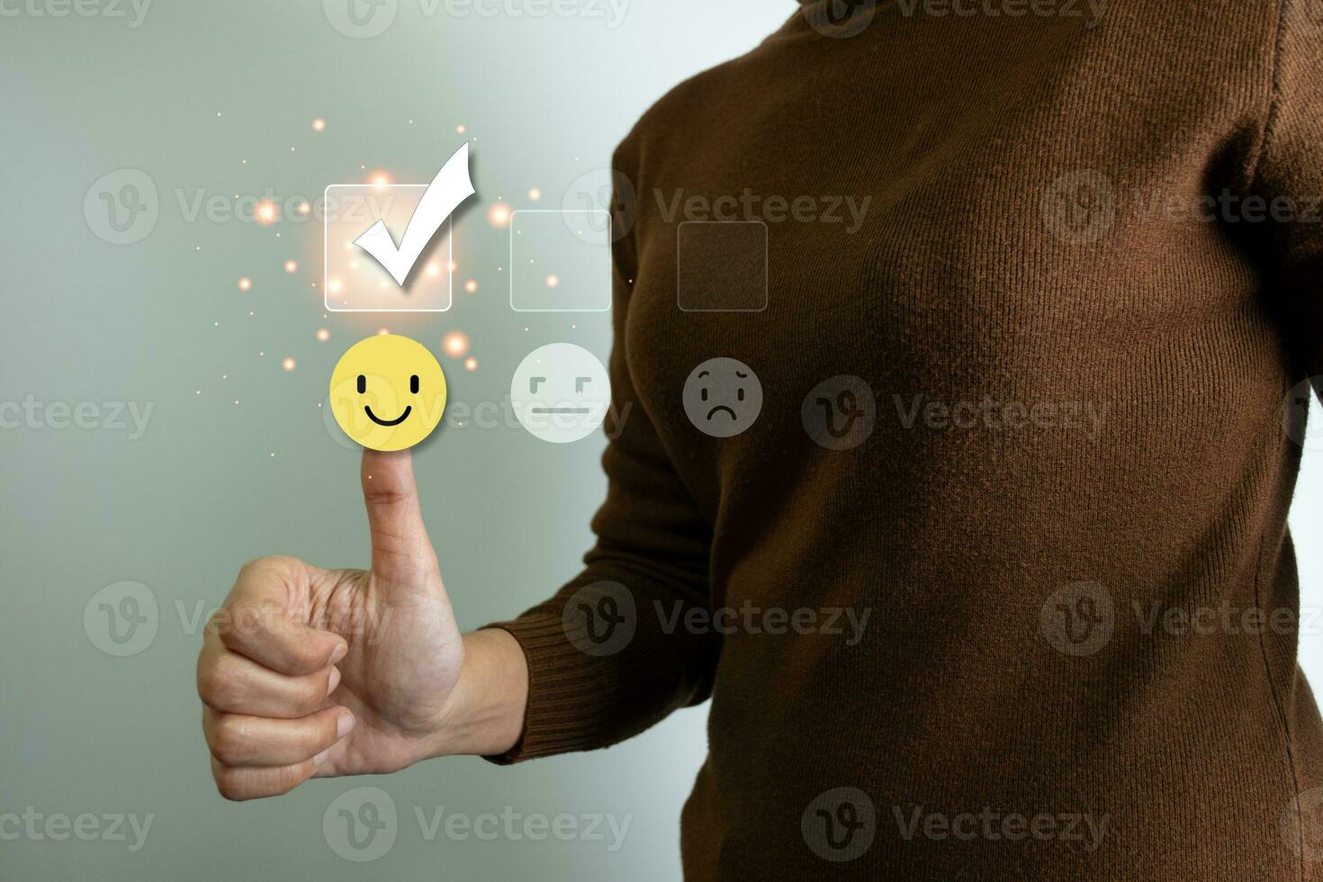 Customer satisfaction concept, thumbs up rating on smiley face icon, giving the highest score, very happy and satisfied with excellent service, feedback from guest. photo