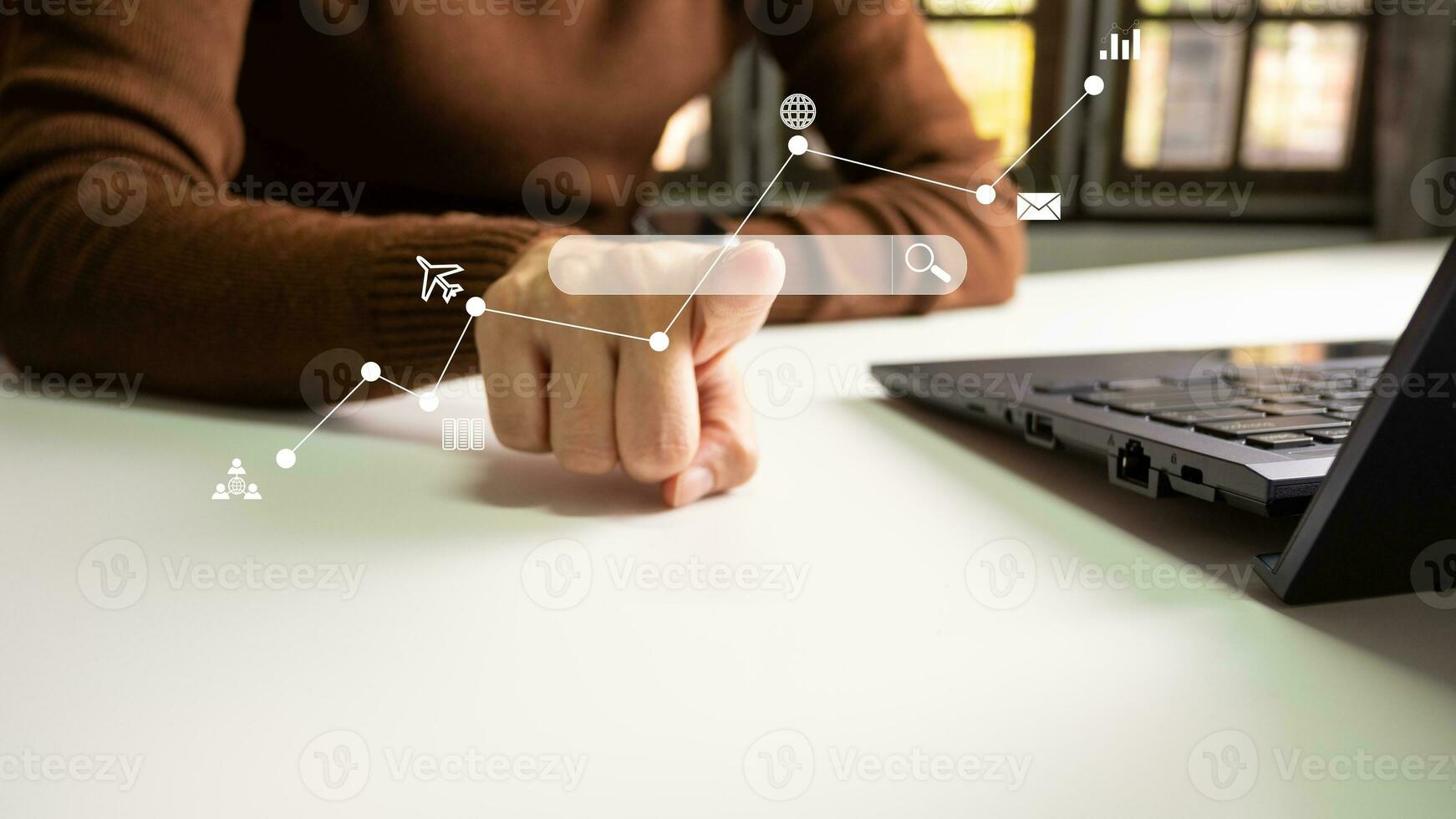 SEO Search engine optimization, Search technology, women using a computer keyboard to search for information, using websites search bar to find the desired information or shopping online. photo