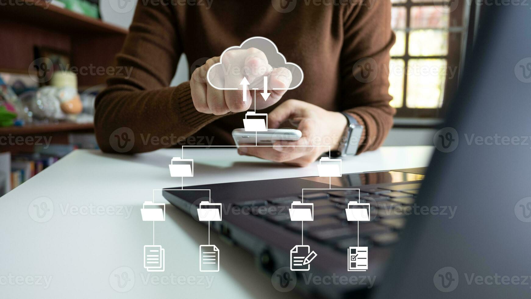 Officer using laptop manage files, Document Management System DMS, Online document database management, automated processes to manage system, ERP enterprise efficient, business technology. photo