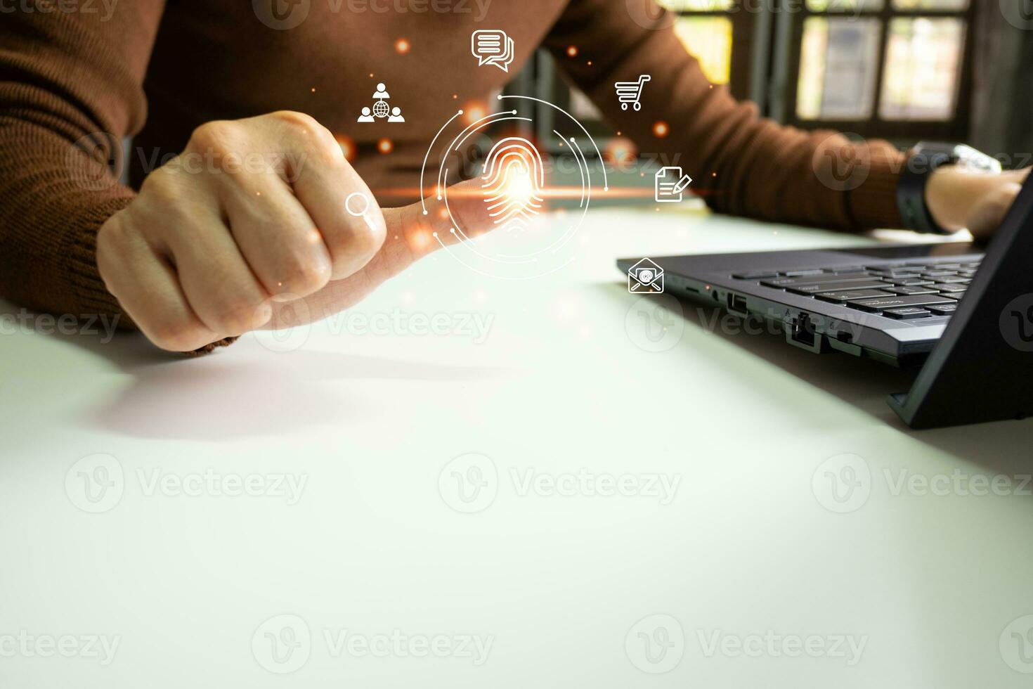 Person touching screen to fingerprint scanner, security access information, big data management concept, Internet of things, cloud computing, internet connection, shopping online and cashless society. photo