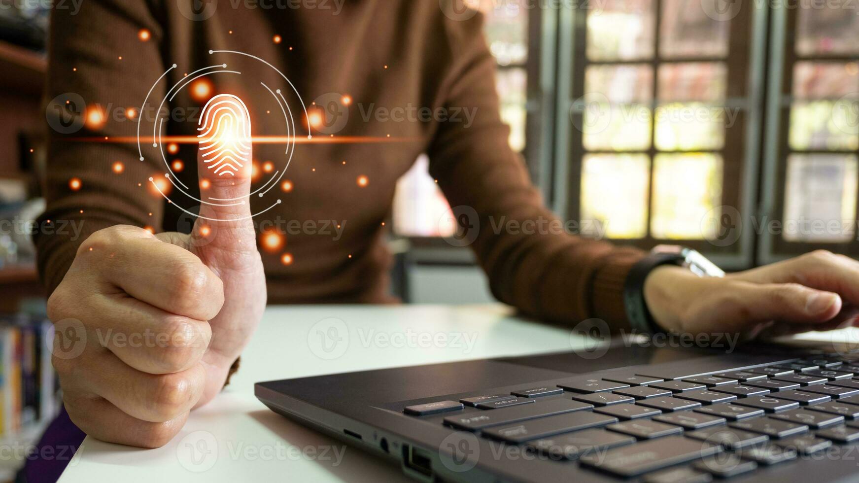 Person touching screen to fingerprint scanner, security access information, big data management concept, Internet of things, cloud computing, internet connection, shopping online and cashless society. photo