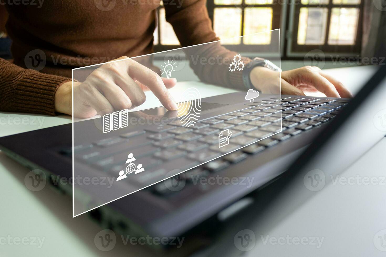 Person touching screen to fingerprint scanner, security access information, big data management concept, Internet of things, cloud computing, internet connection, shopping online and cashless society. photo