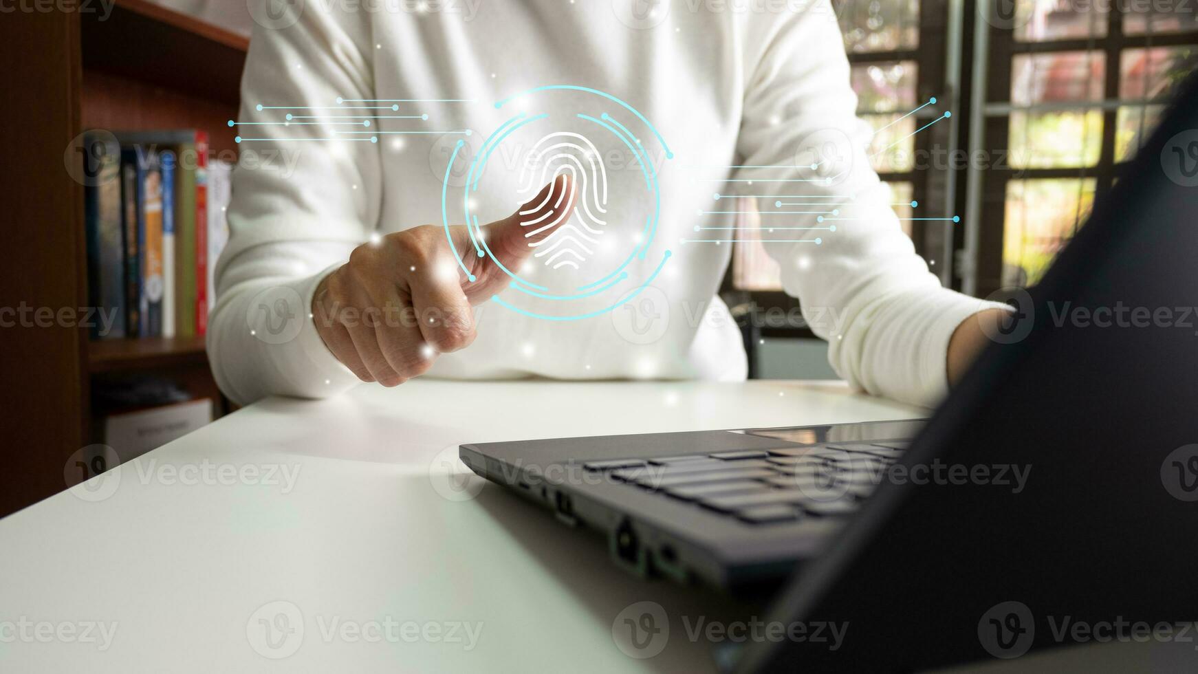 Person touching screen to fingerprint scanner, security access information, big data management concept, Internet of things, cloud computing, internet connection, shopping online and cashless society. photo