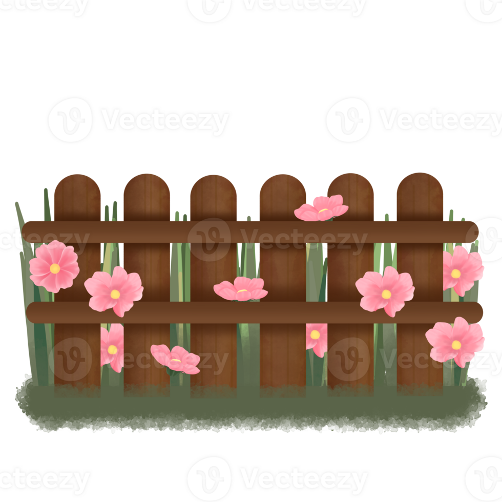 Wooden fence with flowers and grass png
