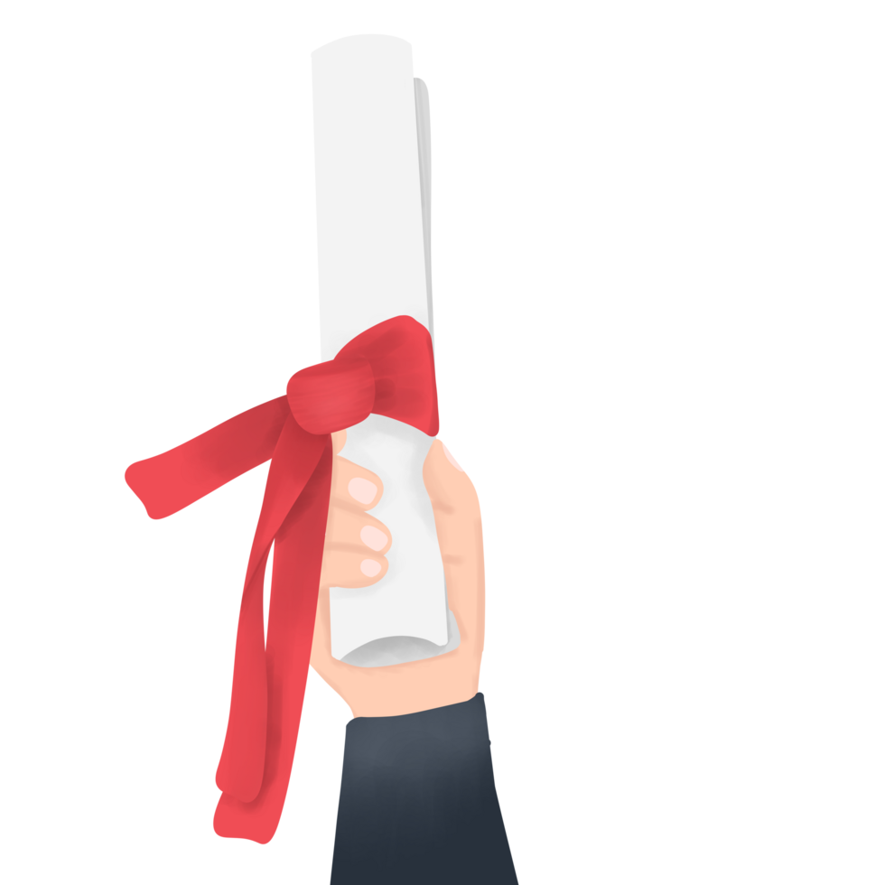 A hand holding sertificate with red ribbon in graduation day png