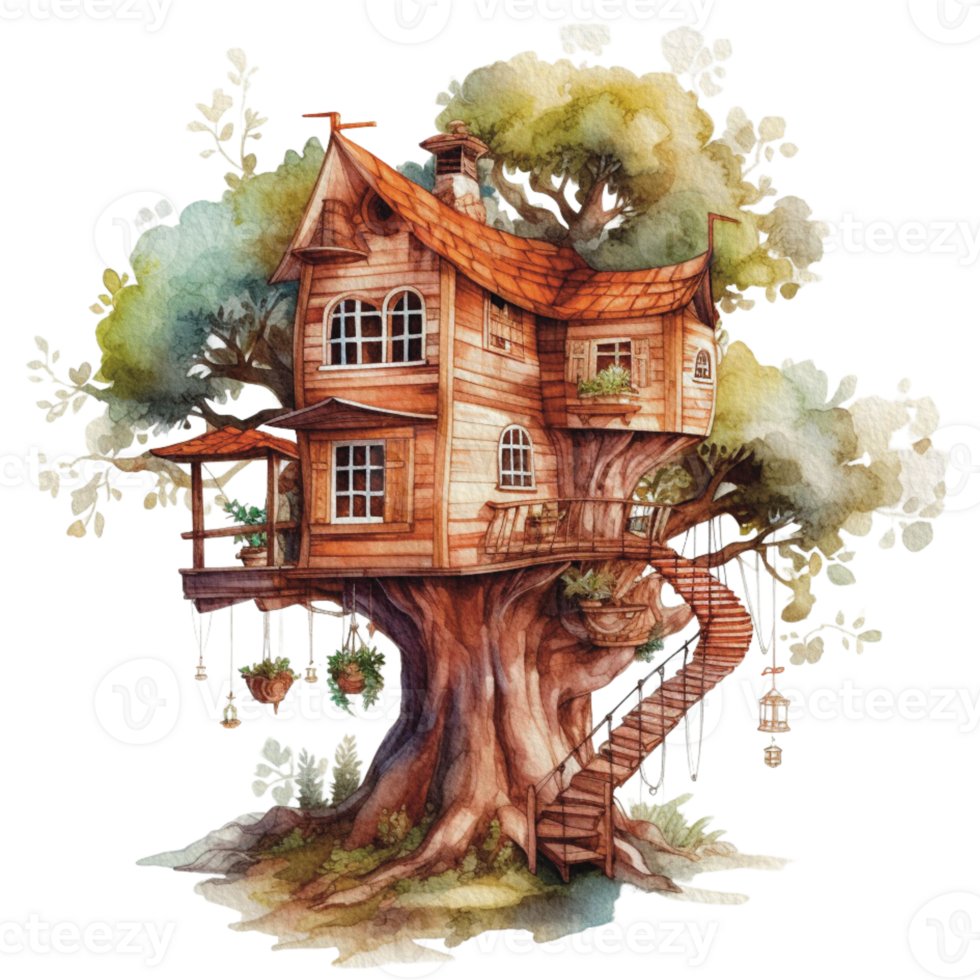 arbre maison chalet aquarelle ai génératif png