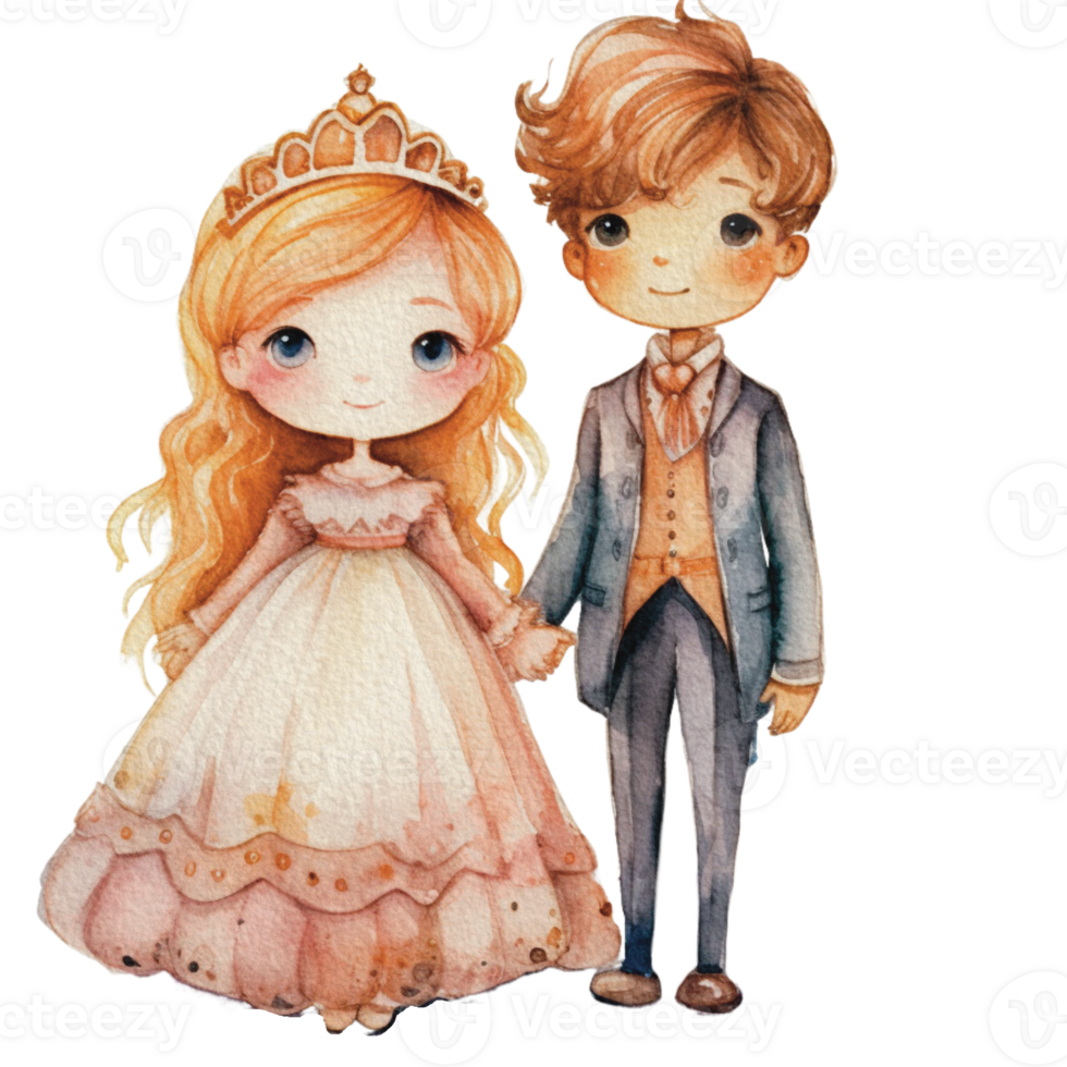 watercolor Cute Prince and Princess Watercolor with pastel color for greeting card logo pattern textile isolated on Transparent background, png
