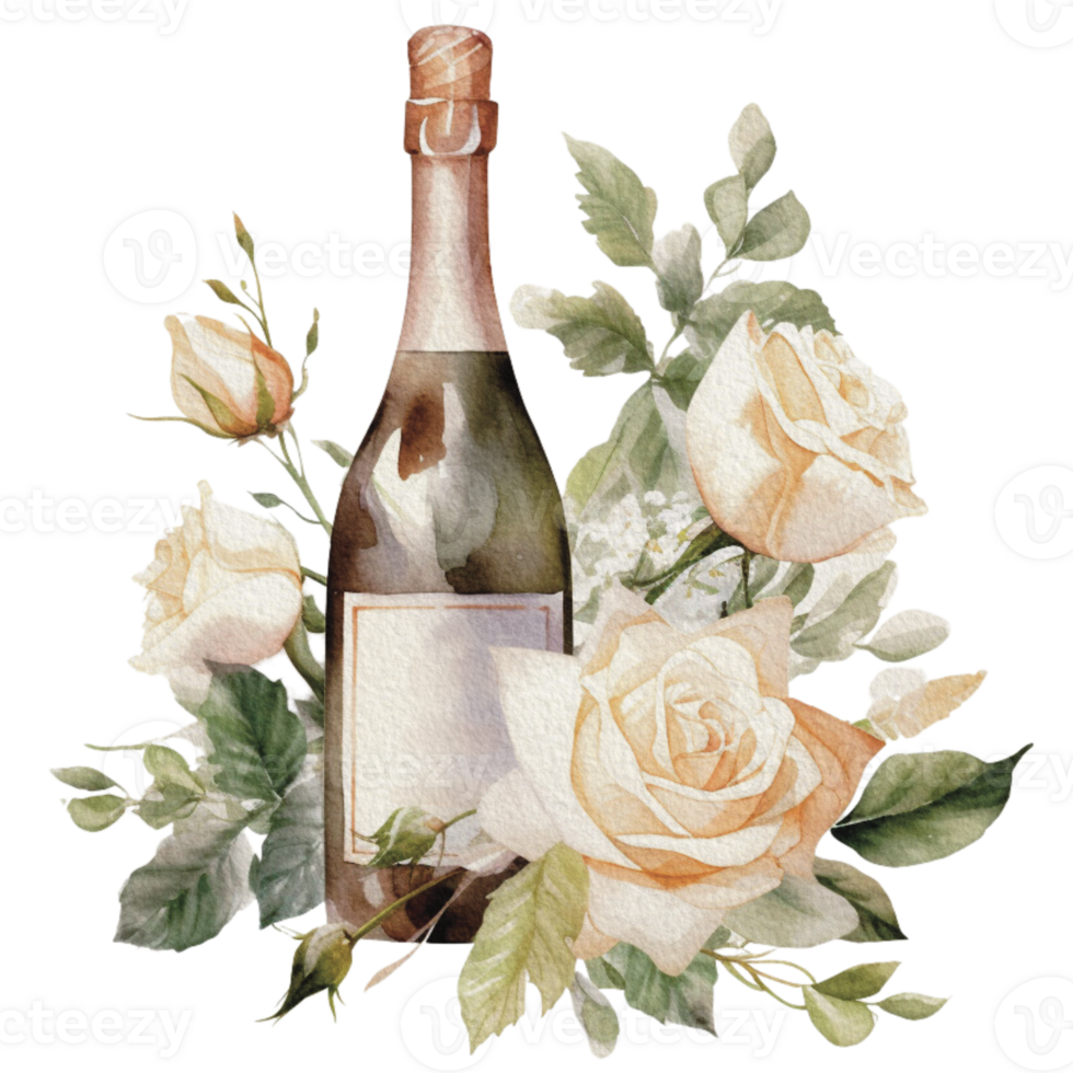 Watercolor wedding set. tiered white cream cake, rustic wood cake stand, champagne glasses, gold wedding, and flower arrangement. Isolated illustration for invitation, save the date. png