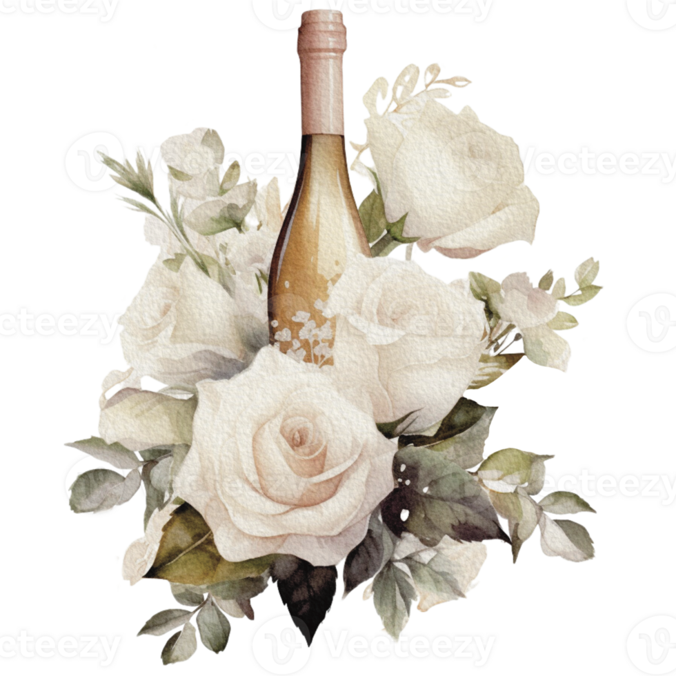 Watercolor wedding set. tiered white cream cake, rustic wood cake stand, champagne glasses, gold wedding, and flower arrangement. Isolated illustration for invitation, save the date. png