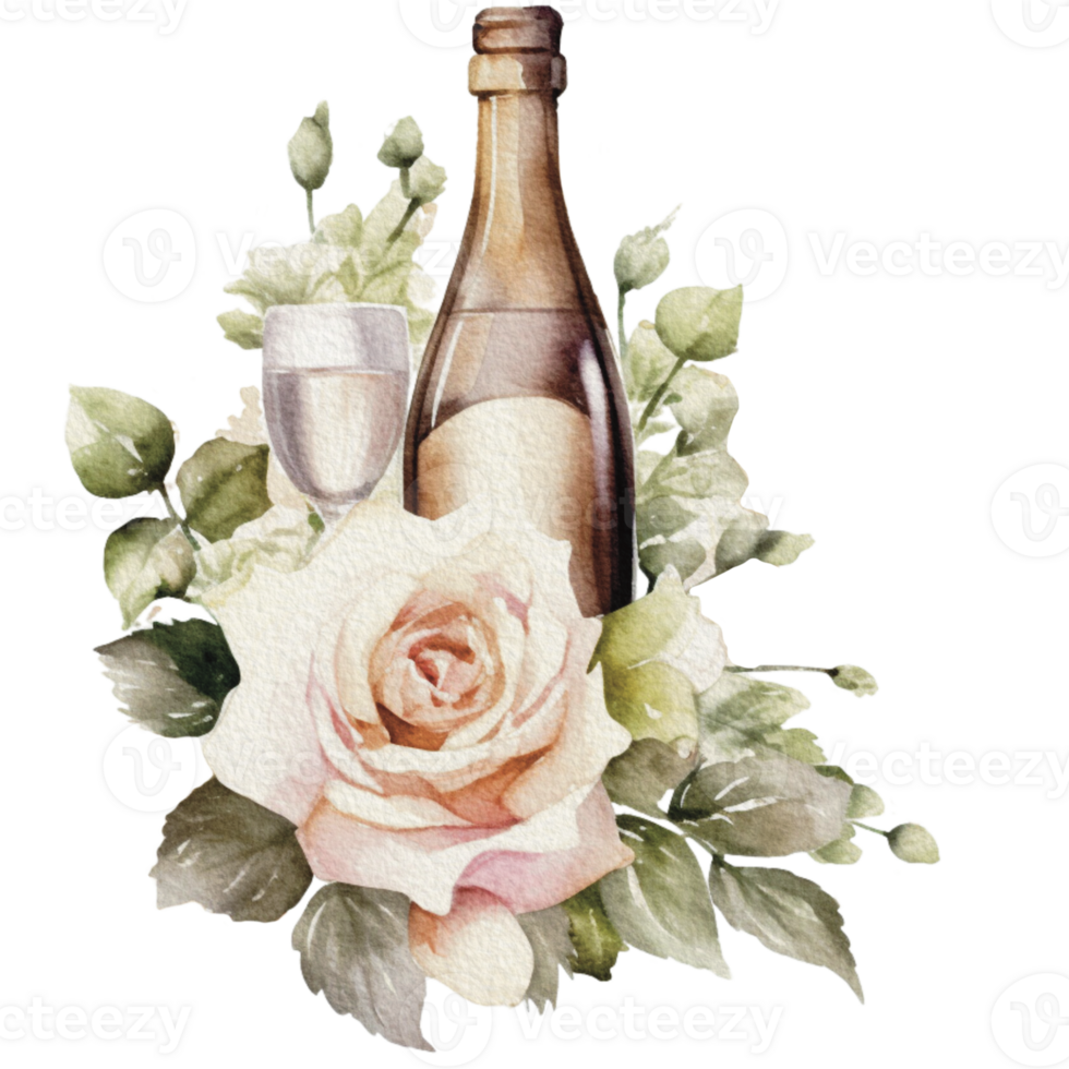 Watercolor wedding set. tiered white cream cake, rustic wood cake stand, champagne glasses, gold wedding, and flower arrangement. Isolated illustration for invitation, save the date. png