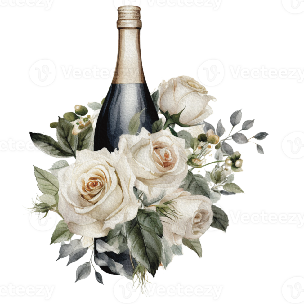Watercolor wedding set. tiered white cream cake, rustic wood cake stand, champagne glasses, gold wedding, and flower arrangement. Isolated illustration for invitation, save the date. png