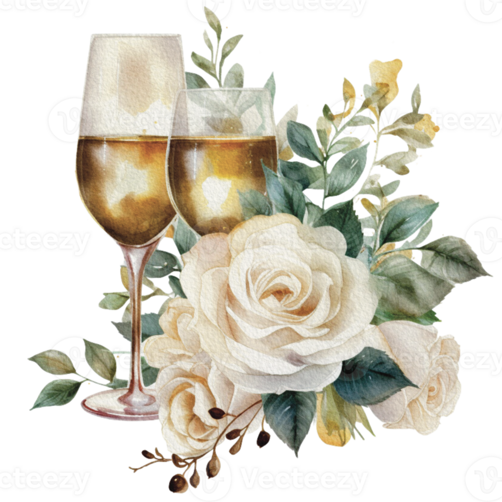 Watercolor wedding set. tiered white cream cake, rustic wood cake stand, champagne glasses, gold wedding, and flower arrangement. Isolated illustration for invitation, save the date. png