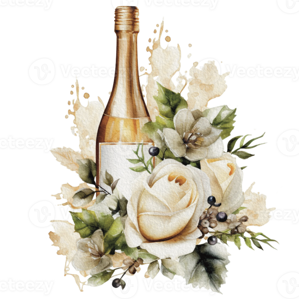 Watercolor wedding set. tiered white cream cake, rustic wood cake stand, champagne glasses, gold wedding, and flower arrangement. Isolated illustration for invitation, save the date. png