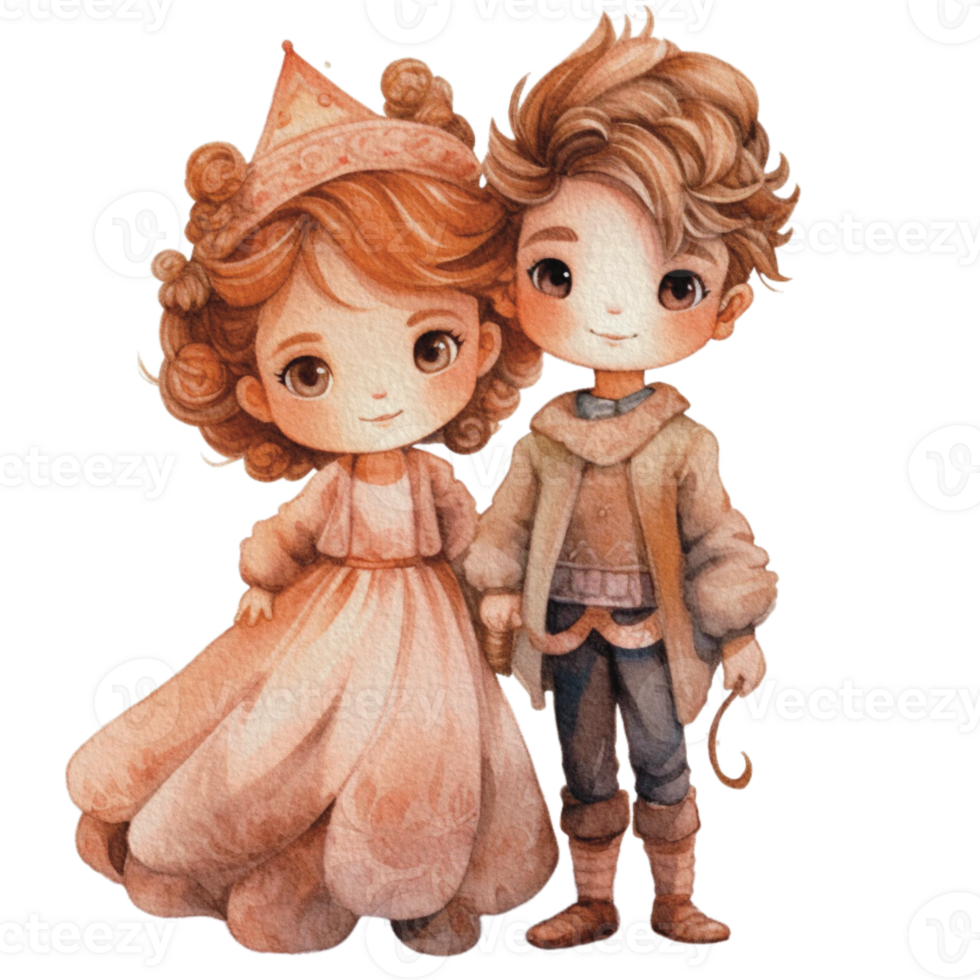 watercolor Cute Prince and Princess Watercolor with pastel color for greeting card logo pattern textile isolated on Transparent background, png