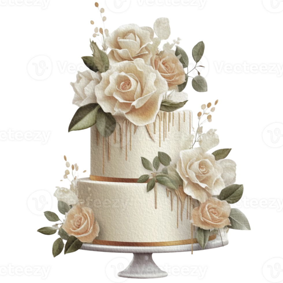 Watercolor wedding set. tiered white cream cake, rustic wood cake stand, champagne glasses, gold wedding, and flower arrangement. Isolated illustration for invitation, save the date. png
