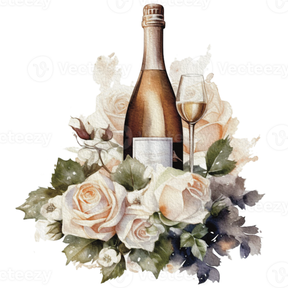 Watercolor wedding set. tiered white cream cake, rustic wood cake stand, champagne glasses, gold wedding, and flower arrangement. Isolated illustration for invitation, save the date. png
