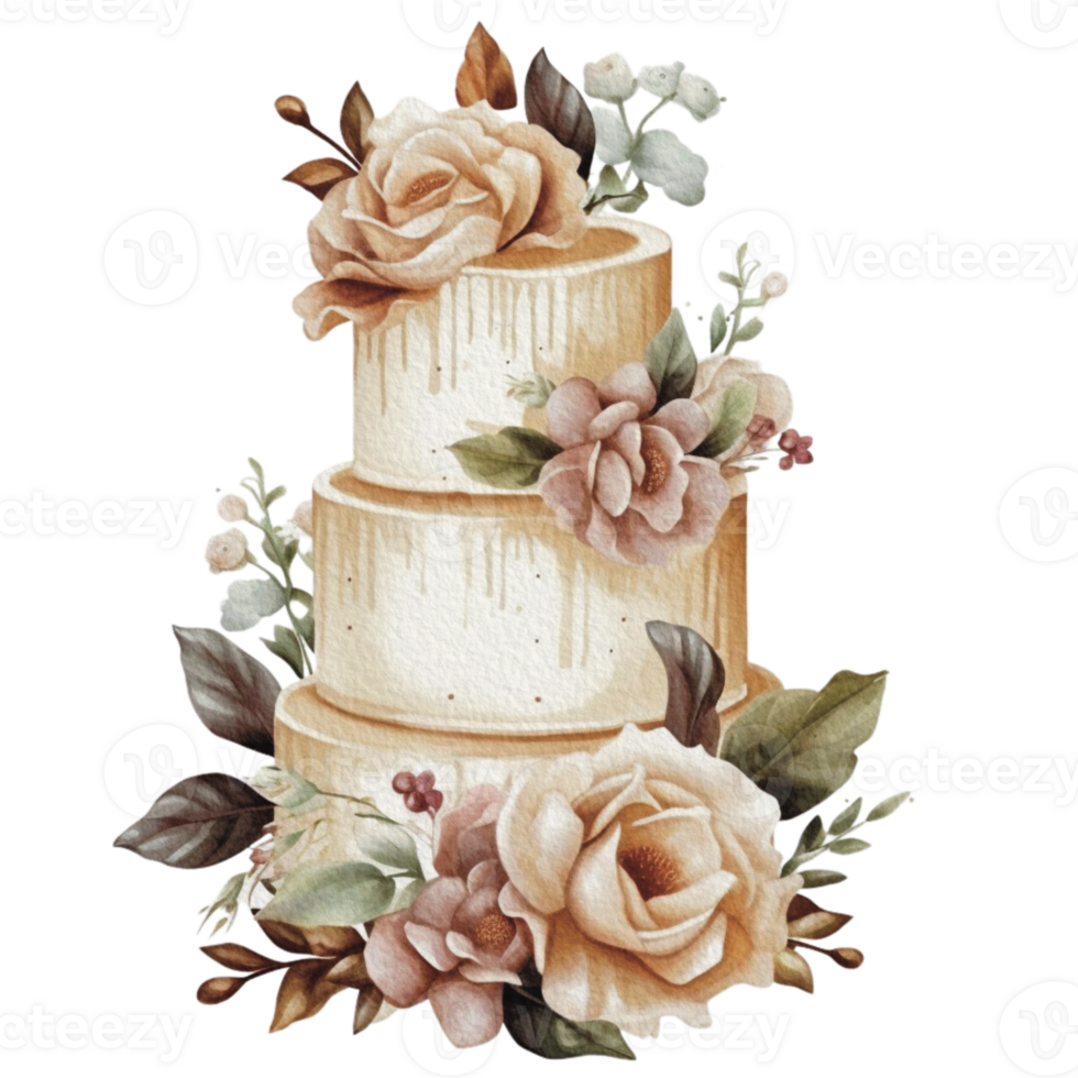 Watercolor wedding set. tiered white cream cake, rustic wood cake stand, champagne glasses, gold wedding, and flower arrangement. Isolated illustration for invitation, save the date. png