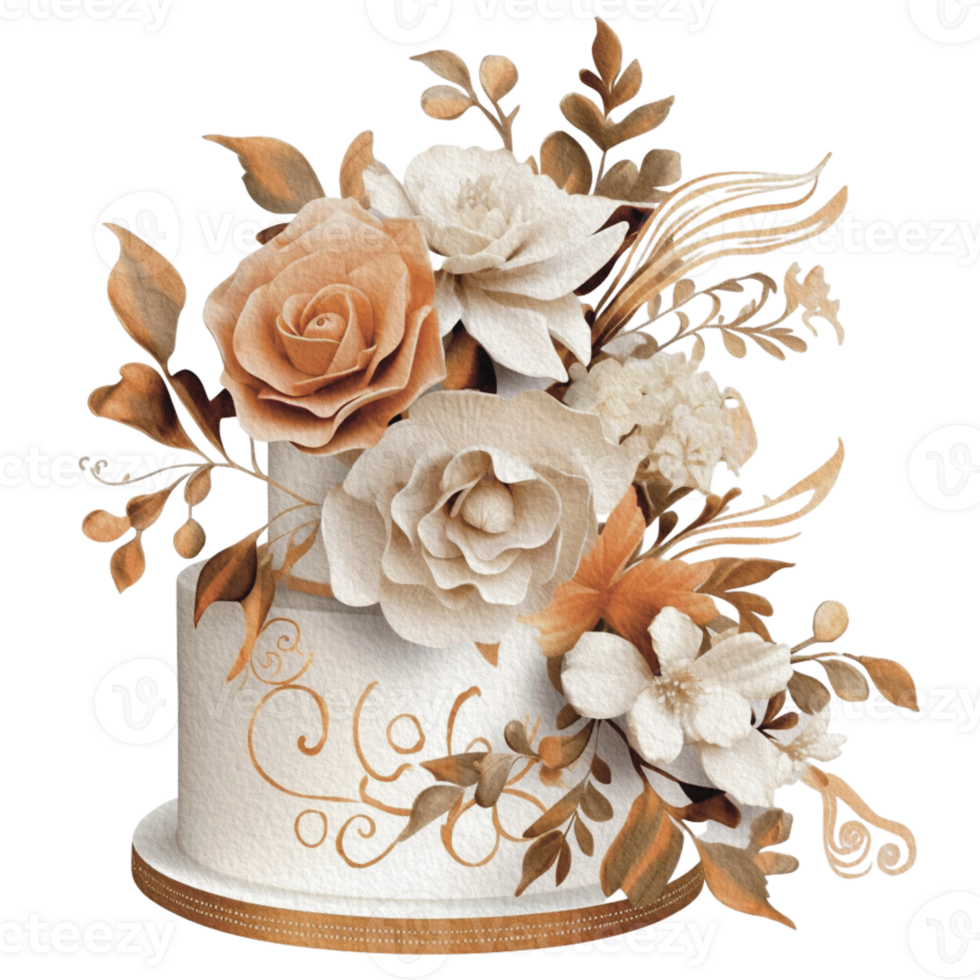 Watercolor wedding set. tiered white cream cake, rustic wood cake stand, champagne glasses, gold wedding, and flower arrangement. Isolated illustration for invitation, save the date. png