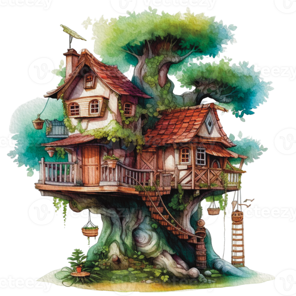 arbre maison chalet aquarelle ai génératif png