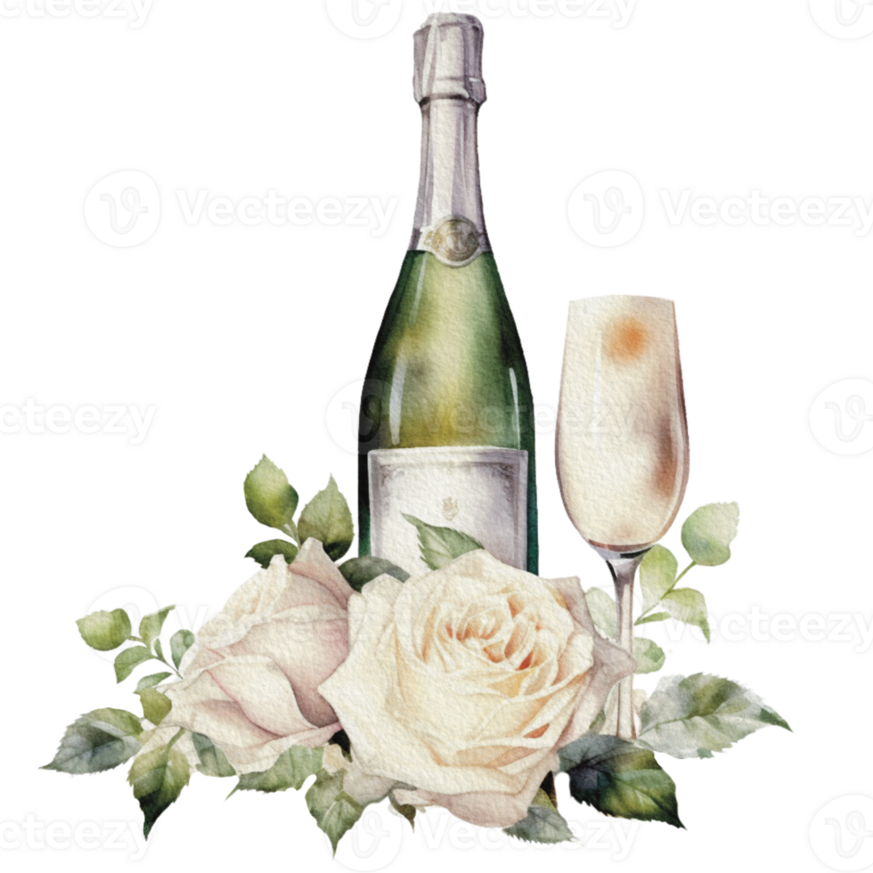 Watercolor wedding set. tiered white cream cake, rustic wood cake stand, champagne glasses, gold wedding, and flower arrangement. Isolated illustration for invitation, save the date. png