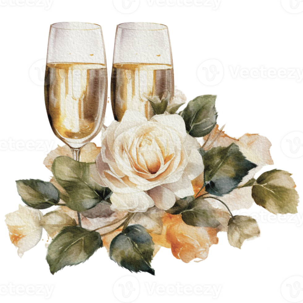 Watercolor wedding set. tiered white cream cake, rustic wood cake stand, champagne glasses, gold wedding, and flower arrangement. Isolated illustration for invitation, save the date. png