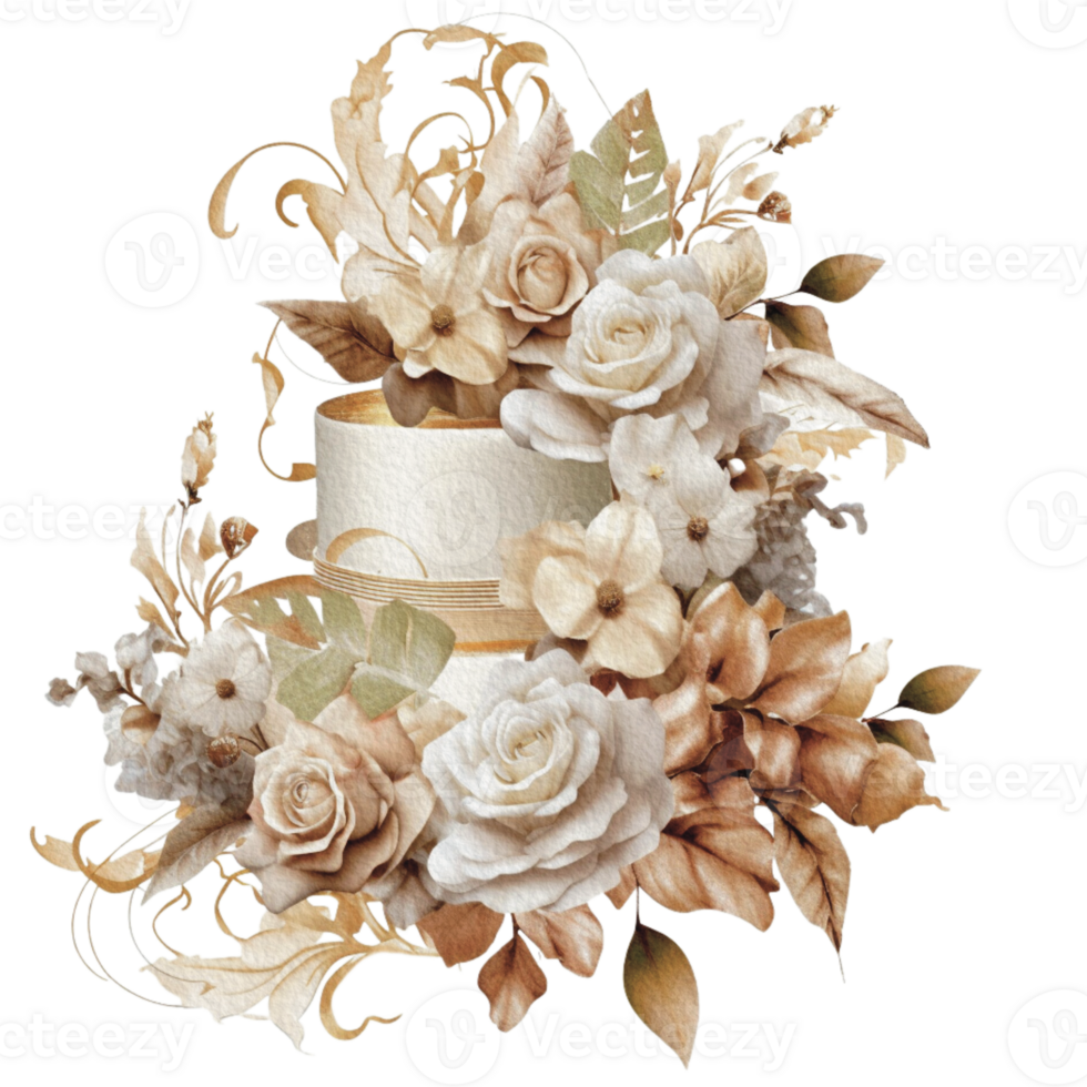 Watercolor wedding set. tiered white cream cake, rustic wood cake stand, champagne glasses, gold wedding, and flower arrangement. Isolated illustration for invitation, save the date. png